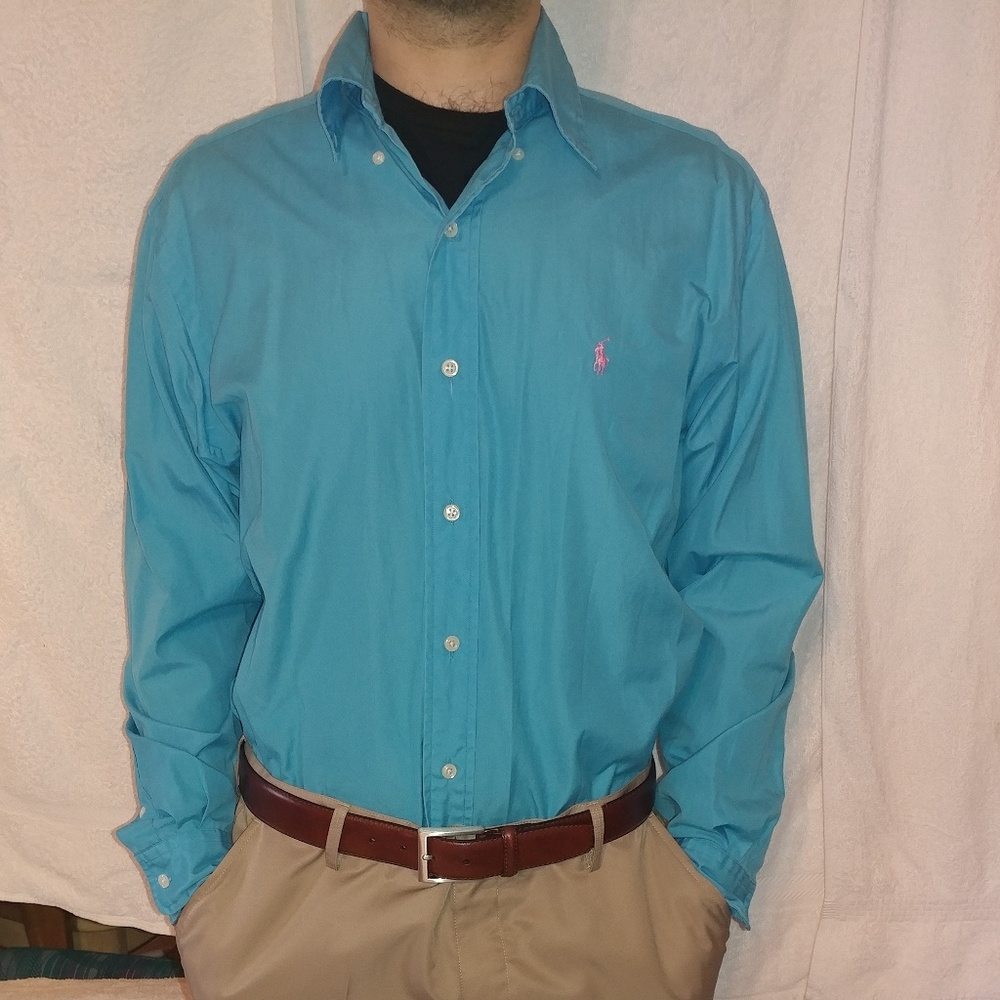 Men Ralph Lauren Dress Shirt & Khaki Adidas Shorts